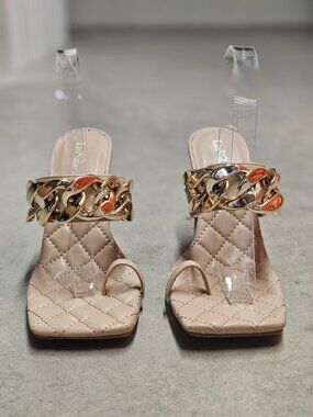 Quilted Nude Heeled Sandals With Gold Chain Detail & Square Toe Design